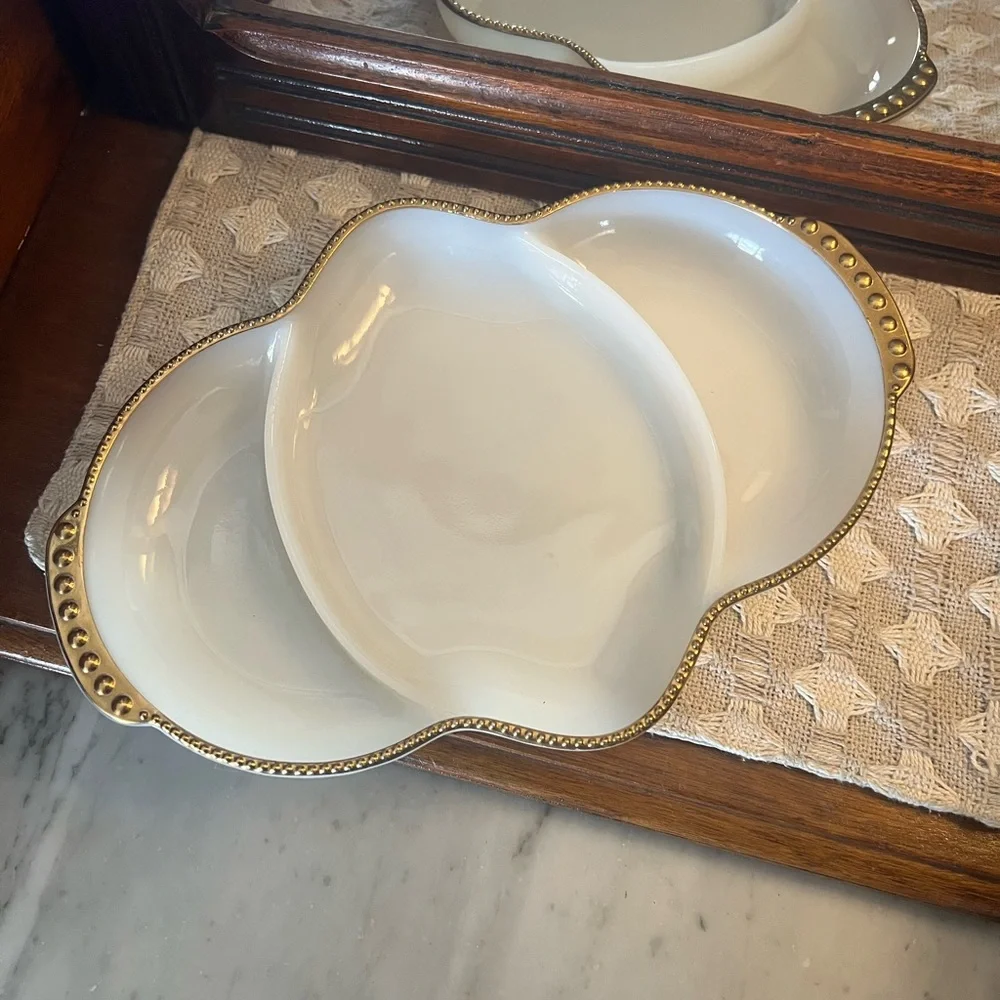 FIRE KING Milk Glass White & Gold‎ Divided Relish Dish Tray Approx. 11in. Wide